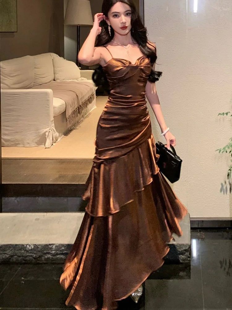 Brown Mermaid Spaghetti Straps Long Prom Dresses Birthday Party Dress Evening Gowns DP4236