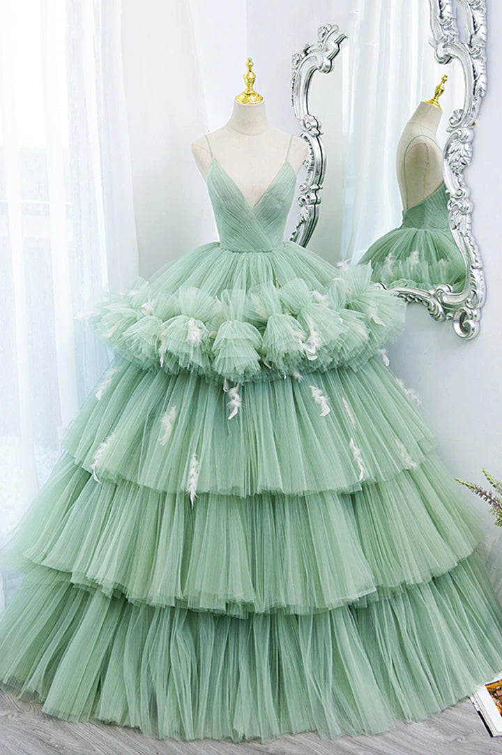 A Line V-Neck Layered Tulle Long Ball Gown Prom Drsses DP793