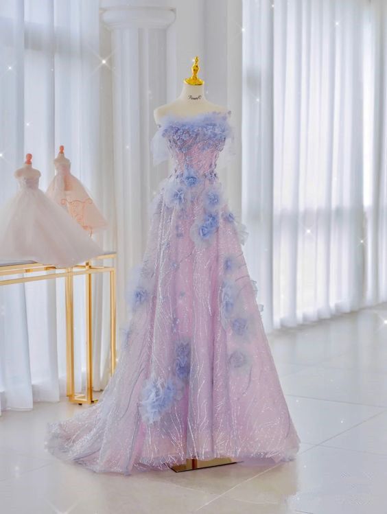 Elegant A line Strapless Tulle Floral Prom Dress DP749