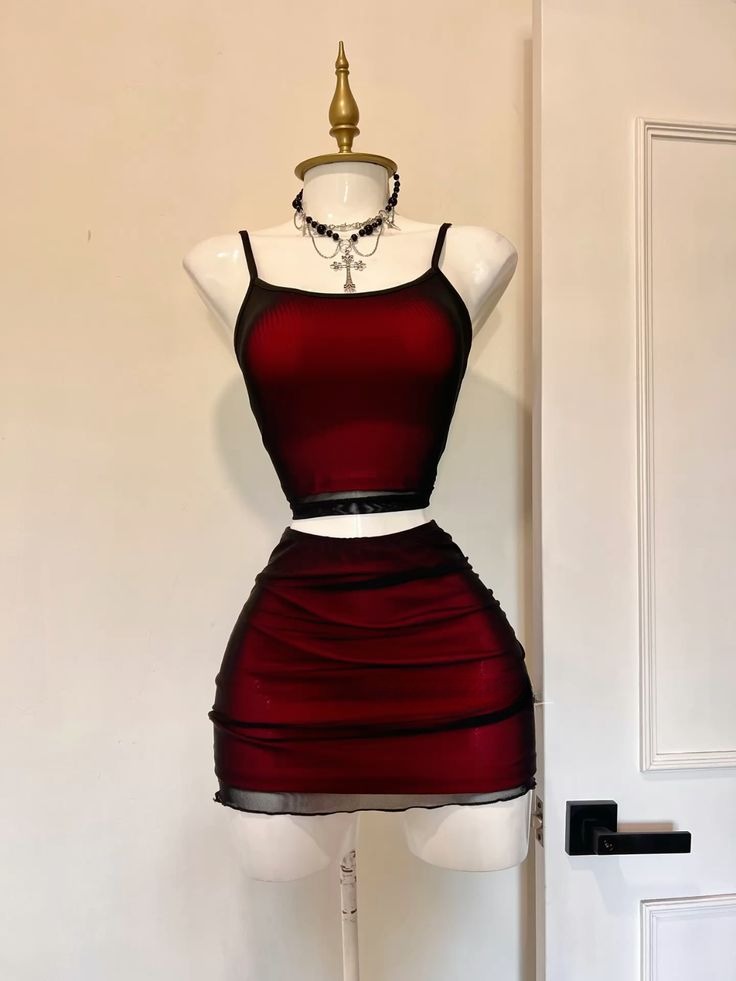 Two Piece Spaghetti Strap Black Tulle Burgundy Satin Mini Homecoming Dress Cocktail Dress DP2890