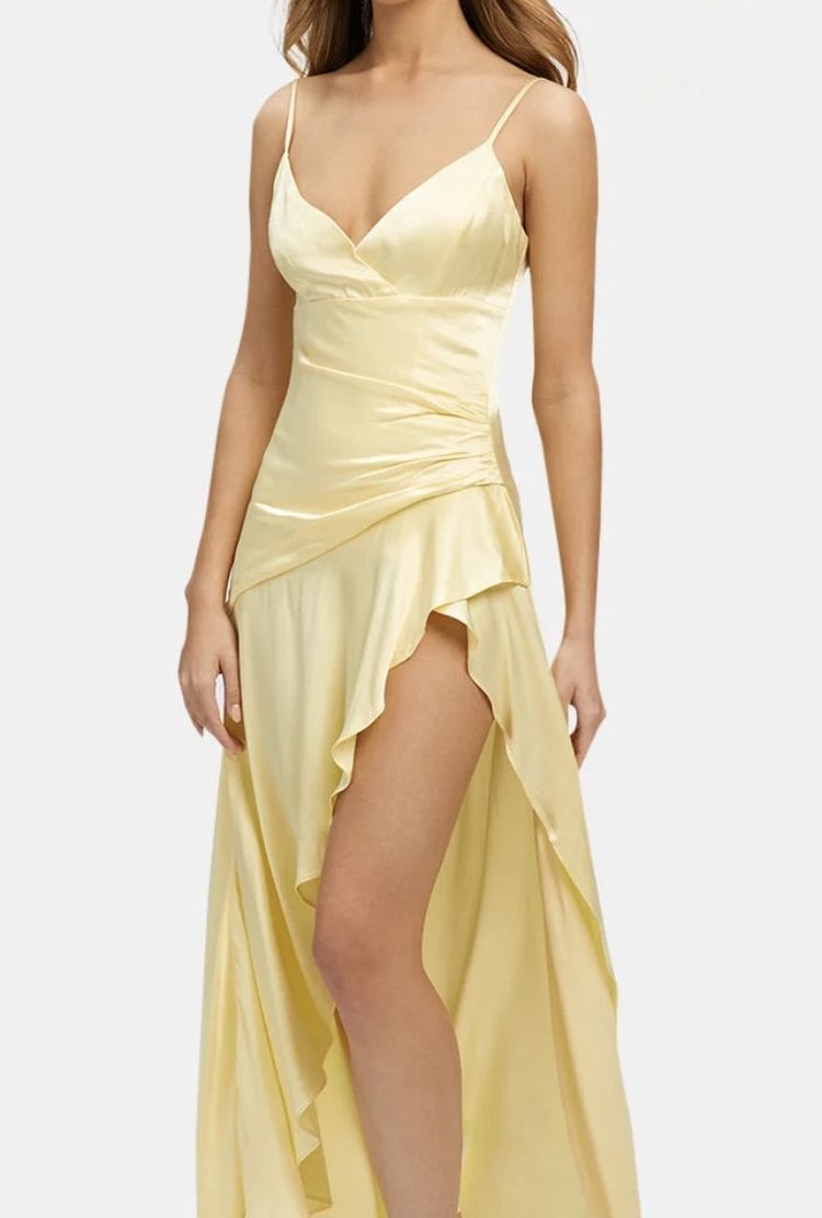 Yellow A Line Spaghetti Strap Ruffle Slit Satin Prom Dress Party Dress Wedding Guest Dress DP3491