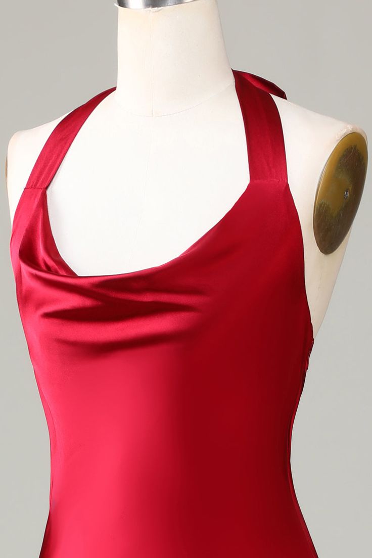 Burgundy Mermaid Halter Satin Long Bridesmaid Dress with Slit DP792