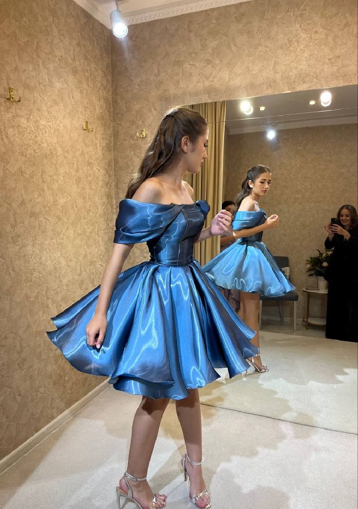 Blue A Line Off the Shoulder Satin Short Prom Dress Homecoming Dress Outfits DP4229