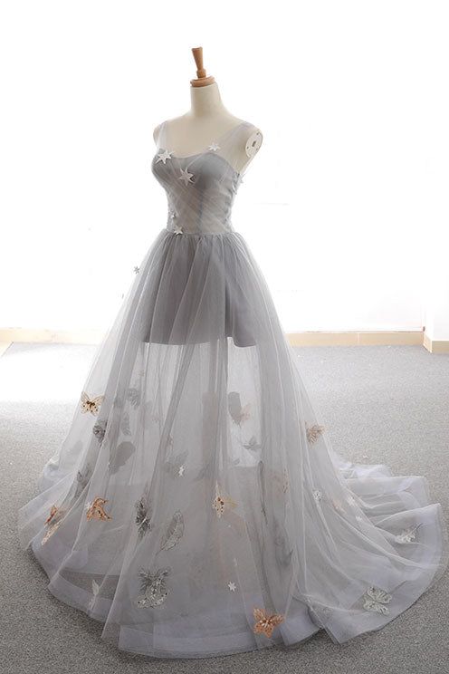 Gray A Line Sweetheart Appliques Tulle Long Prom Dress Evening Dress DP1062