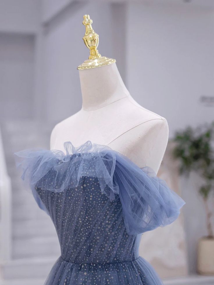 Elegant A Line Off the Shoulder Sequins Blue Tulle Long Prom Dress Evening Dress DP1352