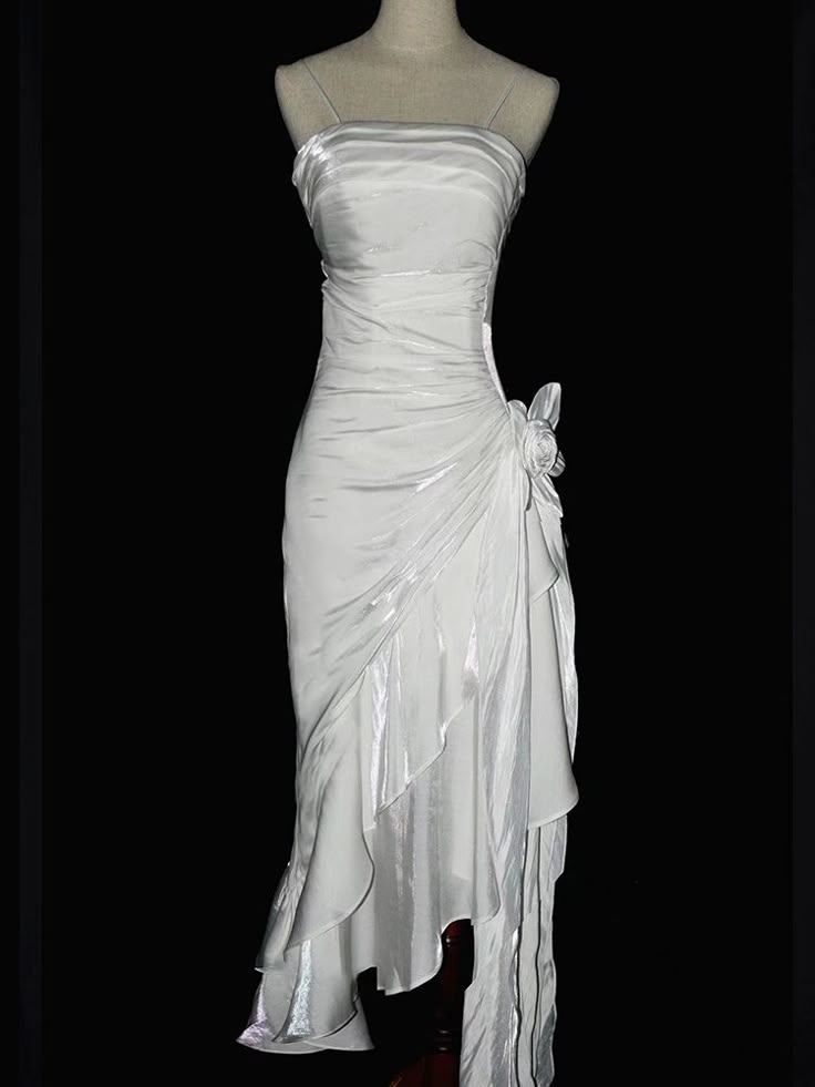 White Vintage Floral Spaghetti Strap Satin Prom Dress Asymmetrical Hem Prom Gown DP2033