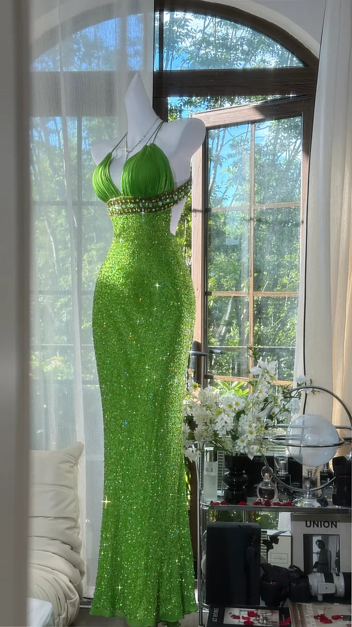 Charming Green Exquisite Sheath Beaded Chiffon Prom Dress Formal Dress Party Dress DP3516