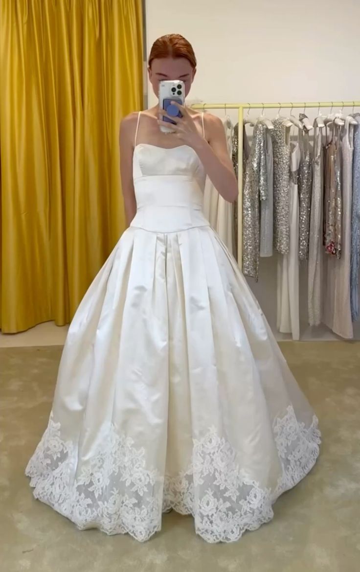 Classy Ball Gown Spaghetti Strap White Lace Satin Long Wedding Dress DP4326