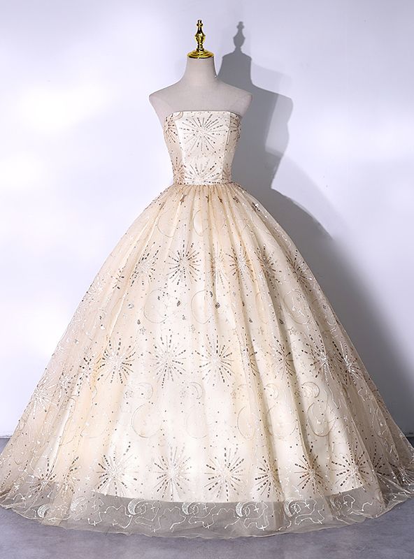 Champagne Ball Gown Strapless Sequins Tulle Quinceanera Dress DP1434