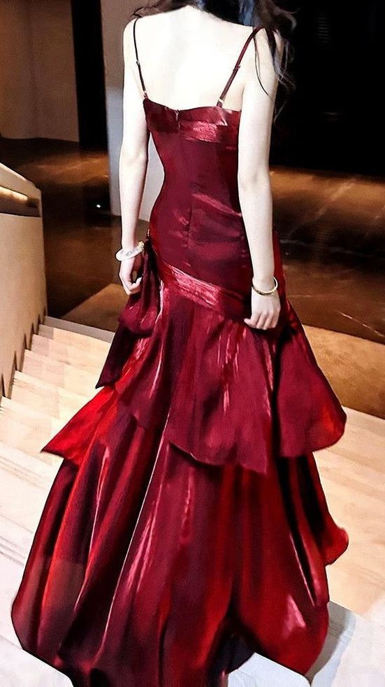 Burgundy Mermaid Spaghetti Straps Long Prom Dresses Birthday Party Dress Evening Gowns DP4232