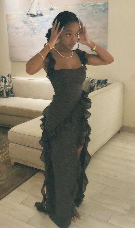 Flowy Ruffle A Line Straps Brown Chiffon Date Dress Party Dress Gown Dress with Slit DP3068