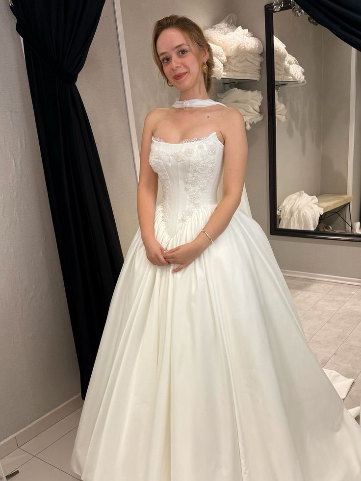 Elegant A Line Strapless Beaded White Satin Wedding Dress DP4103