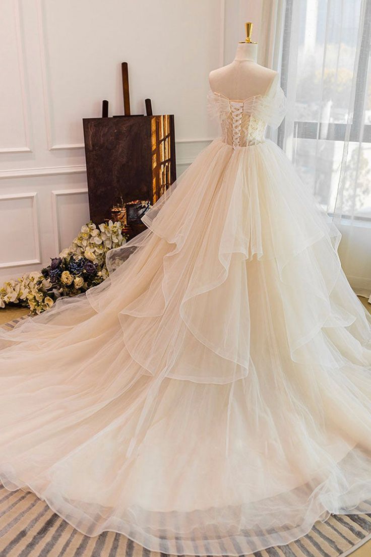 A Line Off-the-shoulder Applique Tulle Long Prom Dress DP783