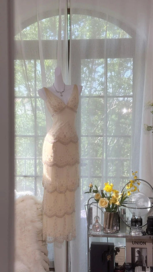 Gentle Sheath V Neck Appliques Tiered Chiffon Long Party Dress Evening Dress DP2339