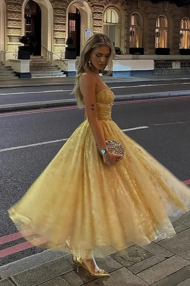 Shiny Gold Ball Gown Sweetheart Neck Print Floral Tulle Prom Dress Evening Dress DP6091