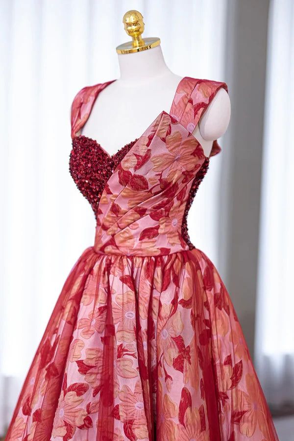 Burgundy A Line Off-the-shoulder Sequins Printing Floor Length Prom Dress DP823