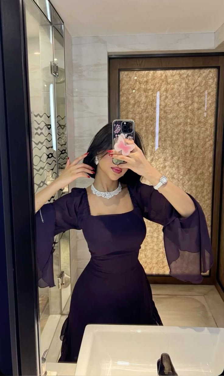 Dark Purple A Line Long Sleeve Ruffle Chiffon Prom Dress Evening Dress DP3461