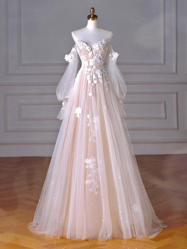 A Line Sweetheart Neck Long Sleeve Lace Tulle Light Champagne Long Prom Dress DP943