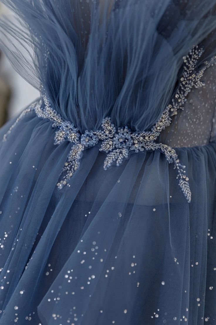 Stunning Exquisite Beaded A Line Strapless Layered Blue Tulle Prom Dress Evening Dress Date Dress DP3469