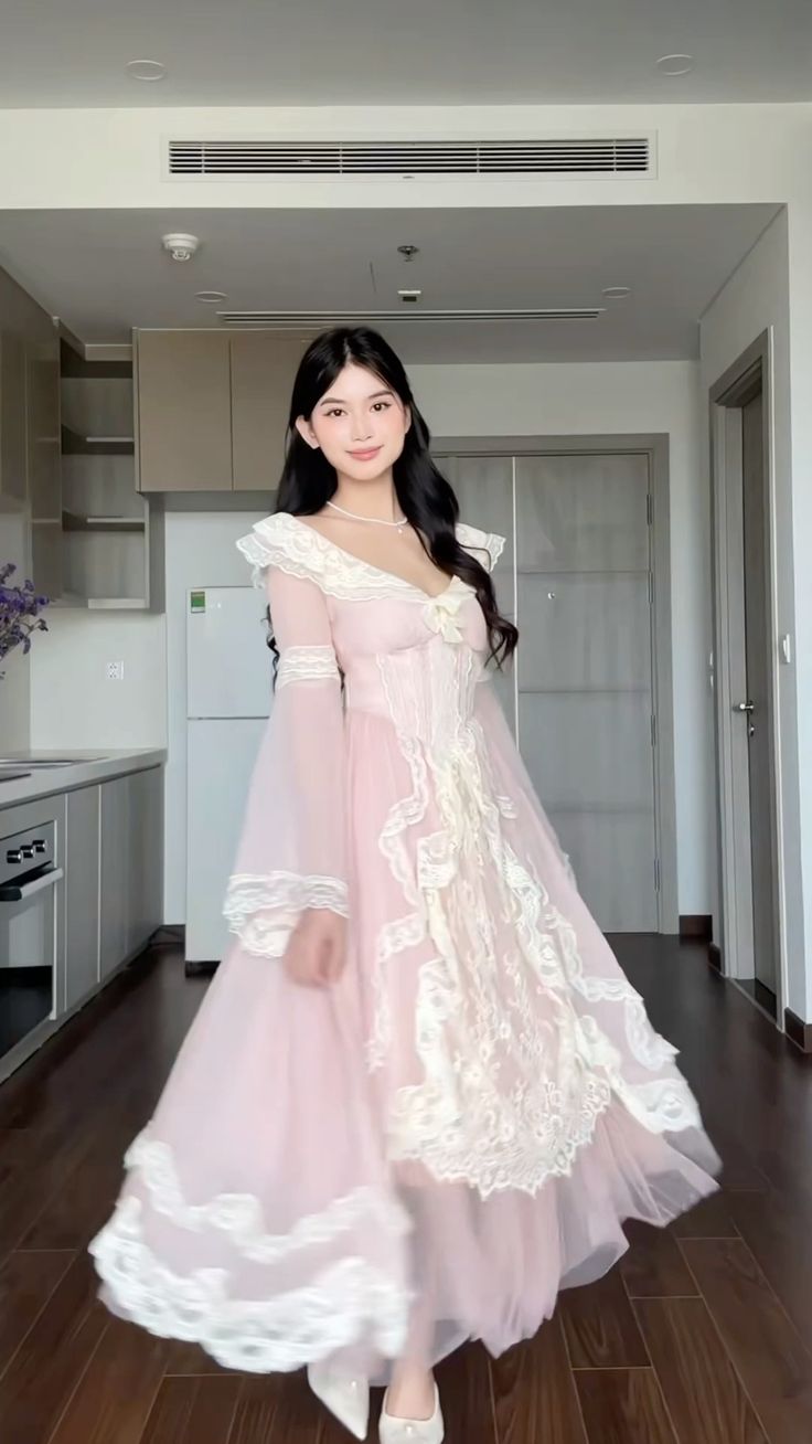 Princess Pink A Line Long Sleeve Lace Chiffon Prom Dress Party Dress 16th Birthday Dress DP3376