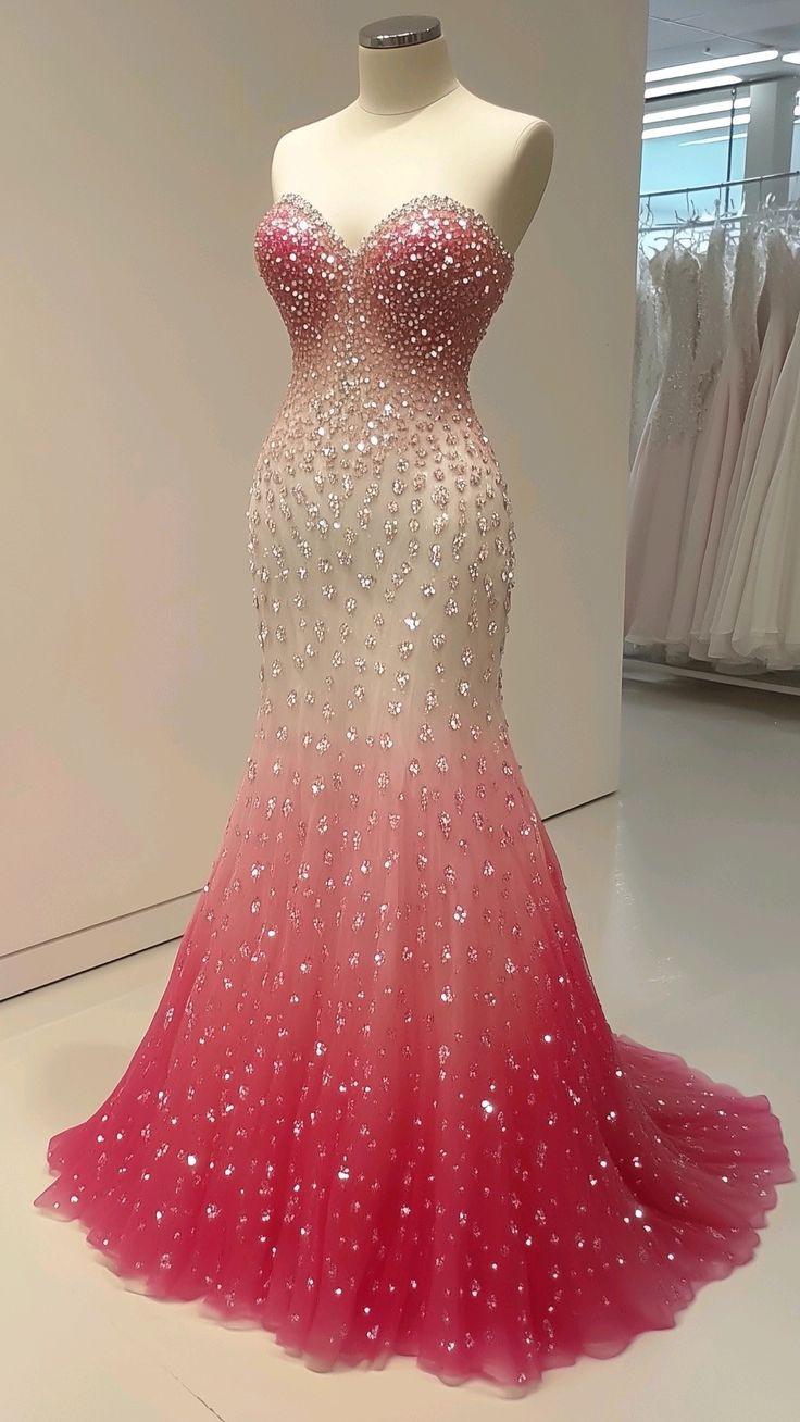 Stunning Mermaid Sweetheart Neck Beaded Pink Ombre Tulle Long Party Dress Evening Dress DP2322
