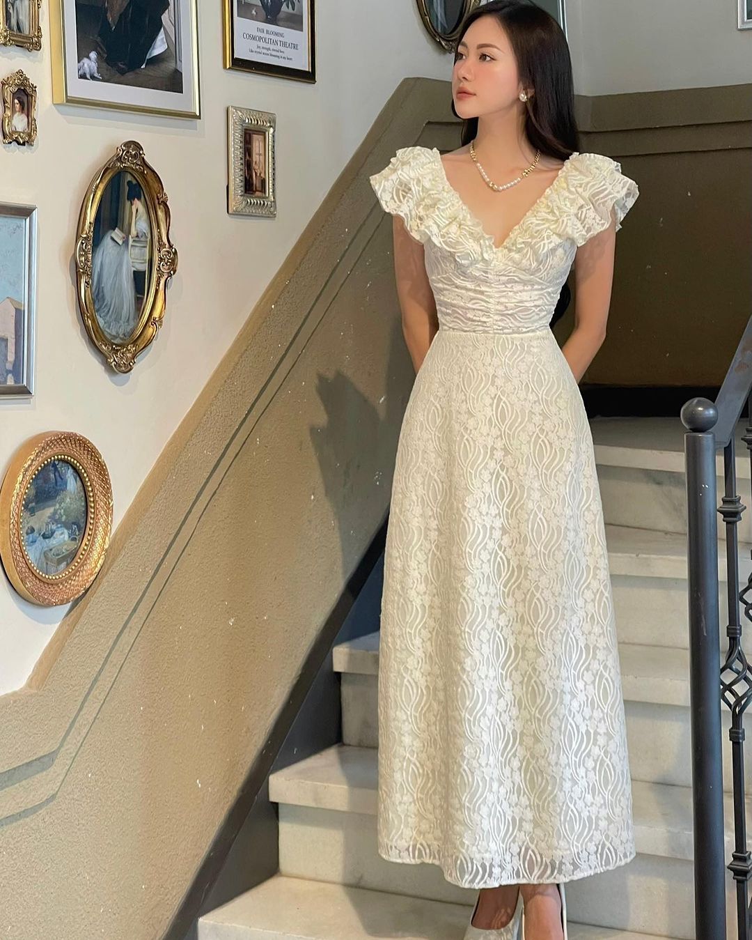 Cute A Line V Neck Ivory Lace Prom Dress Evening Dress DP6919