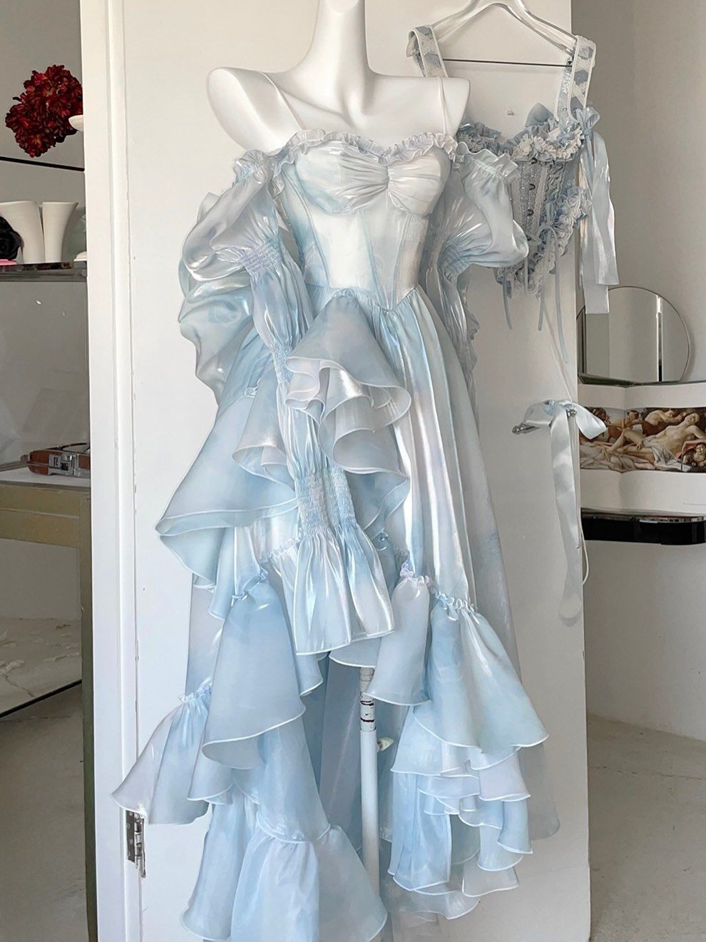Blue White Ombre A Line Long Sleeve Flowy Ruffle Chiffon Long Prom Dress Outfits DP4269
