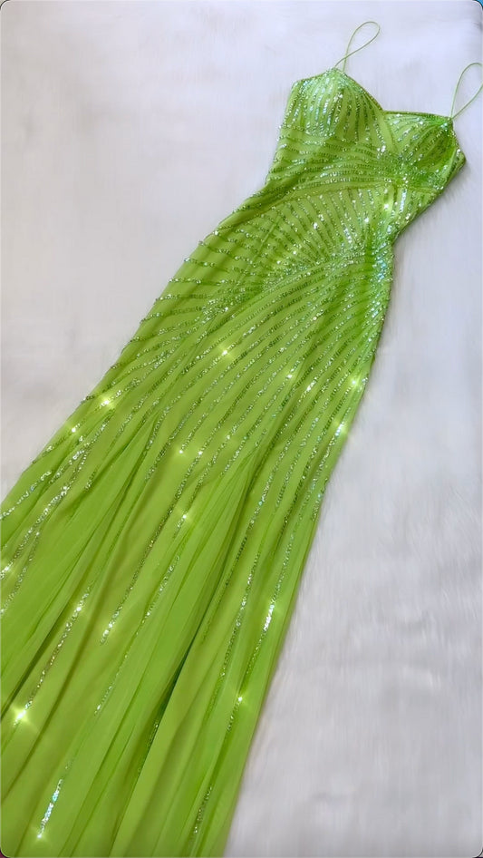 Green A Line Spaghetti Strap Sequin Chiffon Long Party Dress Evening Dress DP2346