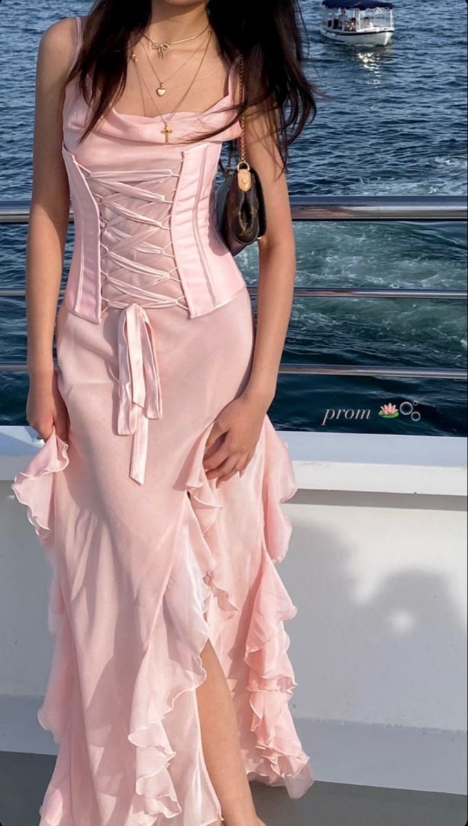 Elegant A Line Spaghetti Strap Ruffle Pink Chiffon Prom Dress Evening Dress with Slit DP2172
