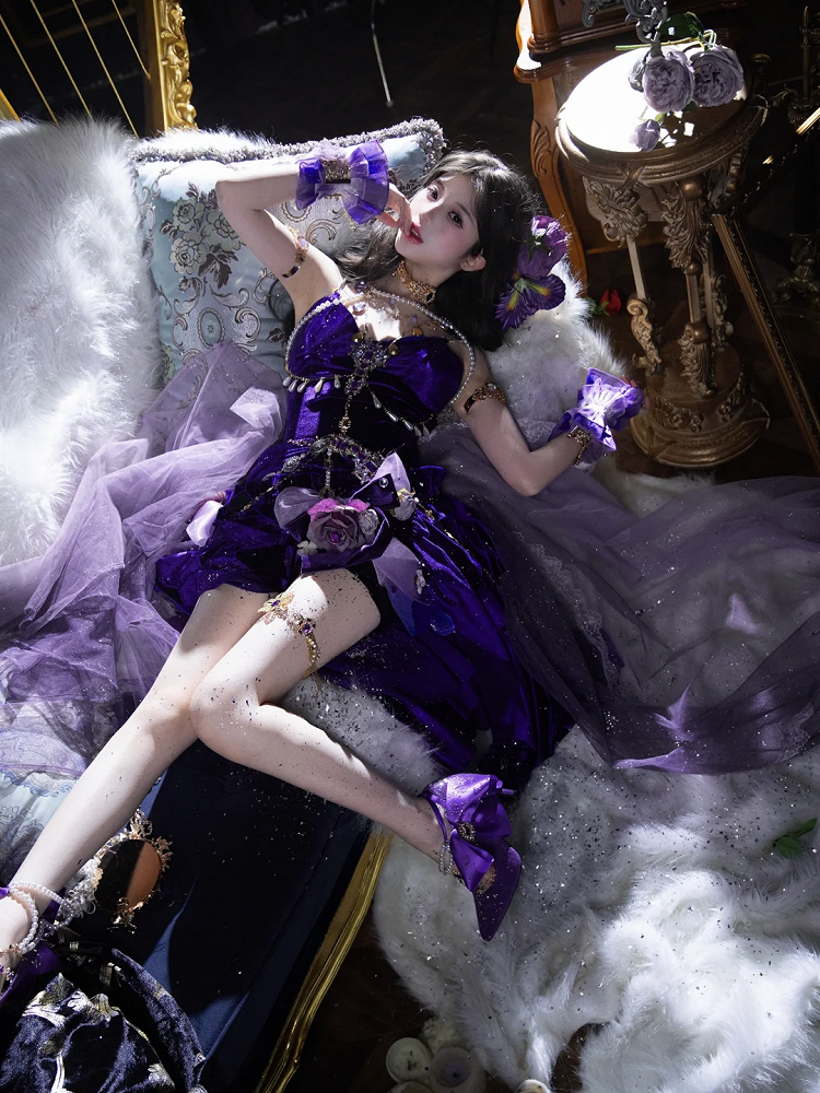 Stunning Purple Mermaid Spaghetti Strap Ruffle Velvet Prom Dress DP4158(Accessories not included)