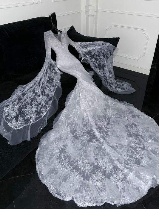 Stunning Mermaid Long Sleeve Beaded Sequin White Lace Wedding Dress Prom Dress DP2564