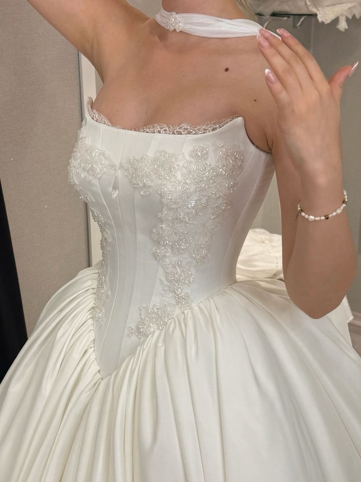 Elegant A Line Strapless Beaded White Satin Wedding Dress DP4103