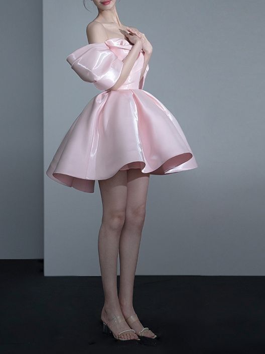 Pink A Line Off the Shoulder Satin Short Homecoming Dress Cocktail Dress DP3615
