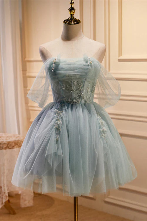 A Line Off-the-shoulder Beaded Appliques Tulle Party Dress Homecoming Dress DP871