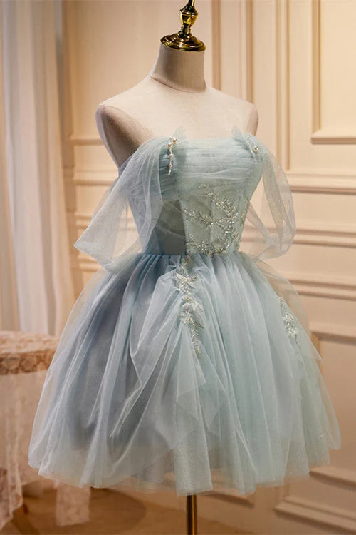 A Line Off-the-shoulder Beaded Appliques Tulle Party Dress Homecoming Dress DP871