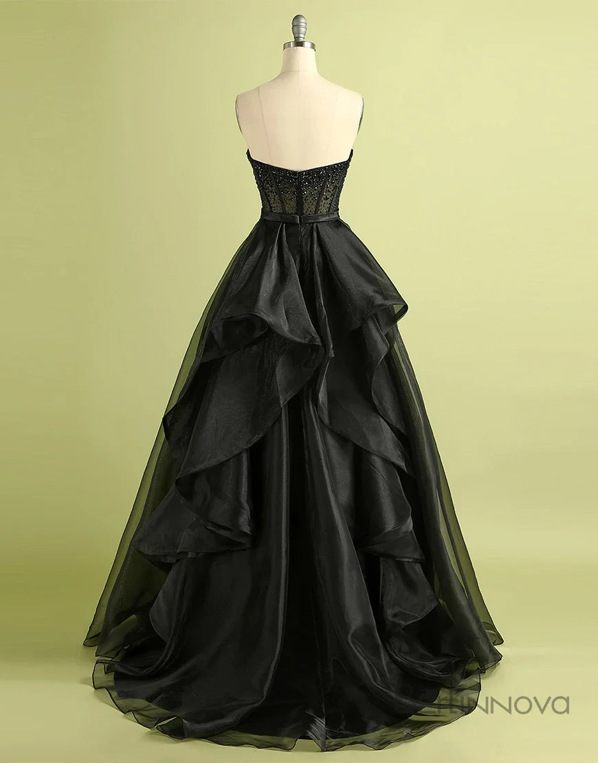 Black A Line Sweetheart Neck Beads Sequins Organza Long Prom Dress Evening Dress DP1457