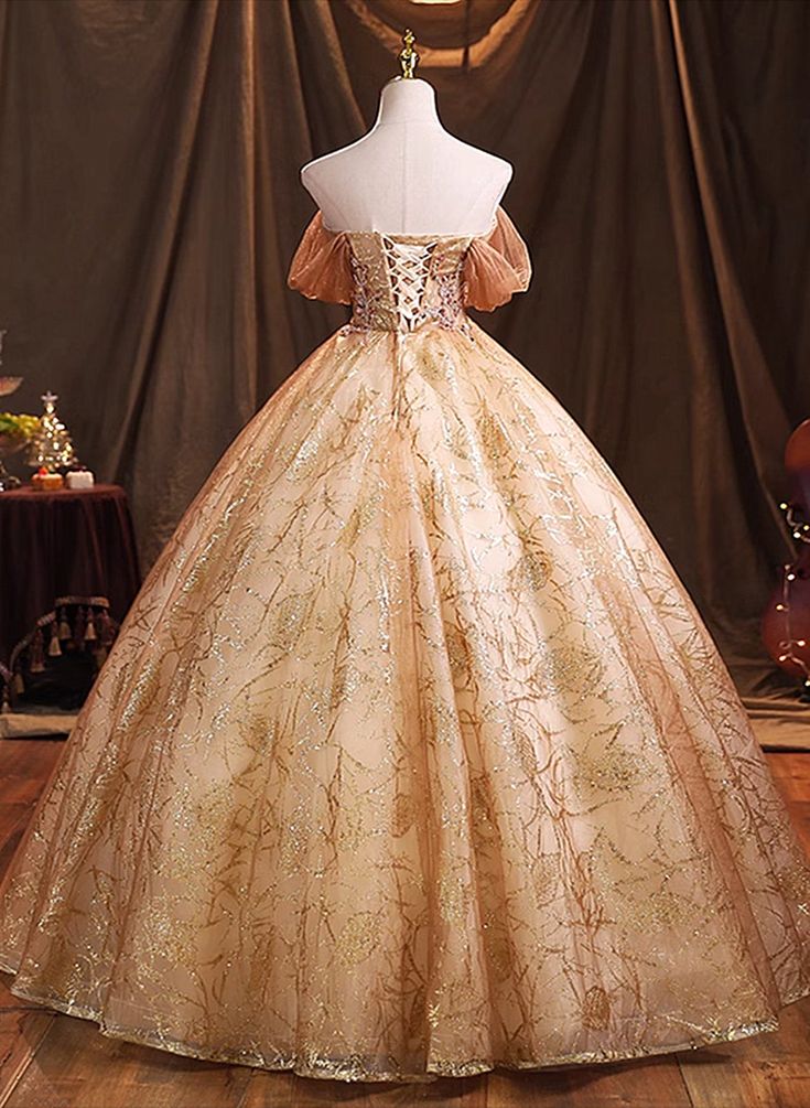 Gold A Line Off-the-shoulder Sequin Tulle Long Ball Gown Formal Dress DP888