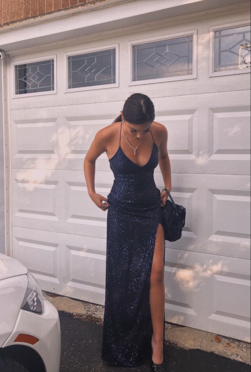 Sexy Sheath Spaghetti Straps Navy Blue Sequin Prom Dress Formal Dress with Slit DP3510
