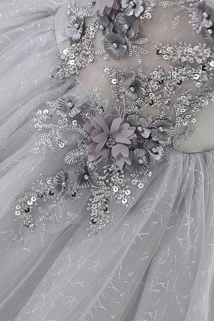 A Line Round Neck Gray Lace Sequins Tulle Short Homecoming Dresses DP836