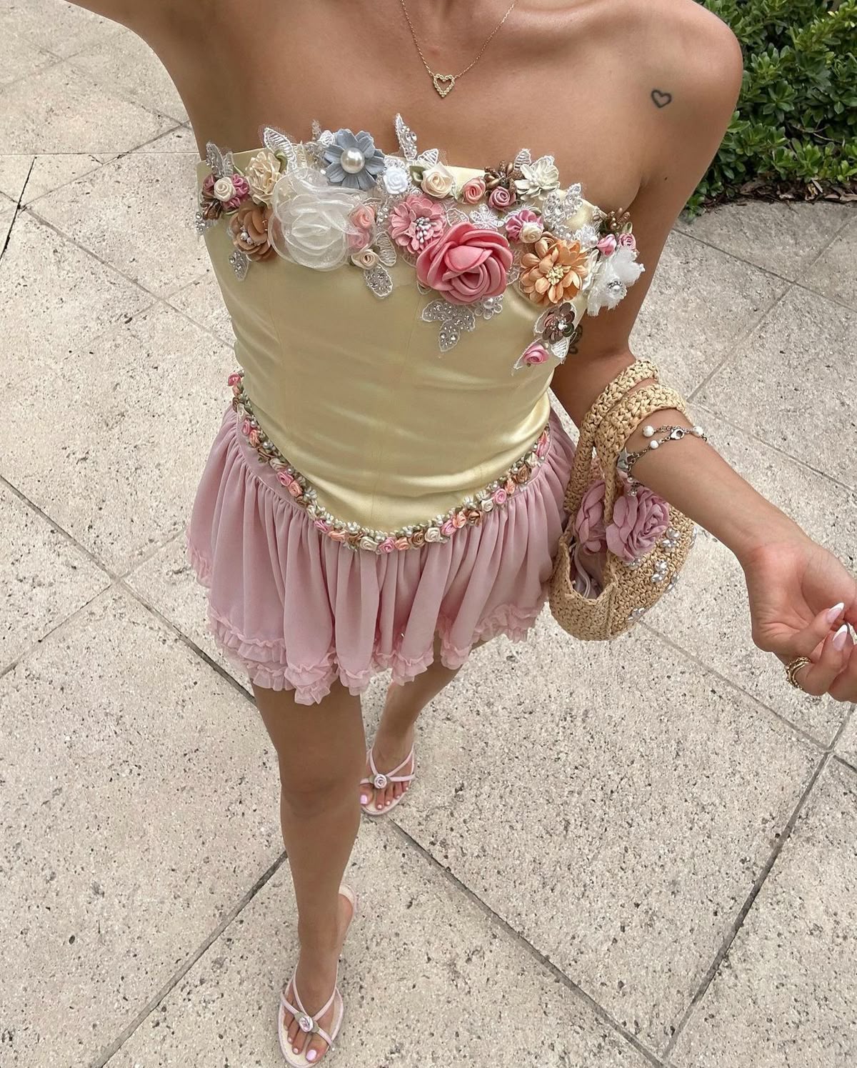 Floral Exquisite A Line Yellow Satin Pink Chiffon Short Homecoming Dress 20th Birthday Dress Outfits DP3387