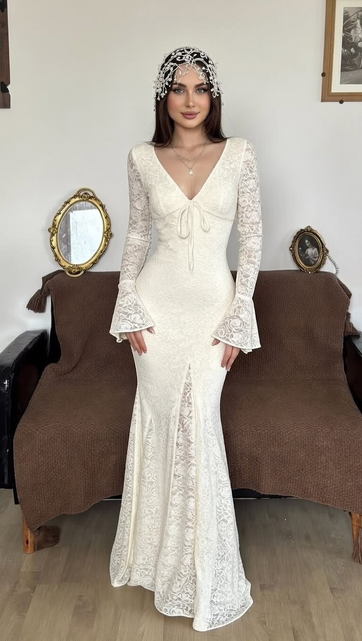 Romantic Mermaid V Neck White Lace Long Prom Dress Evening Dress DP6696