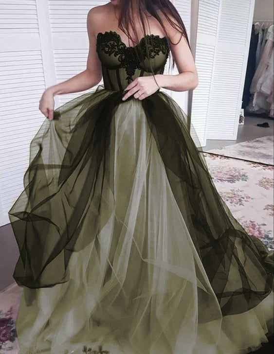 Princess Green A Line Sweetheart Neck Black Appliques Tulle Prom Dress Party Dress DP3187