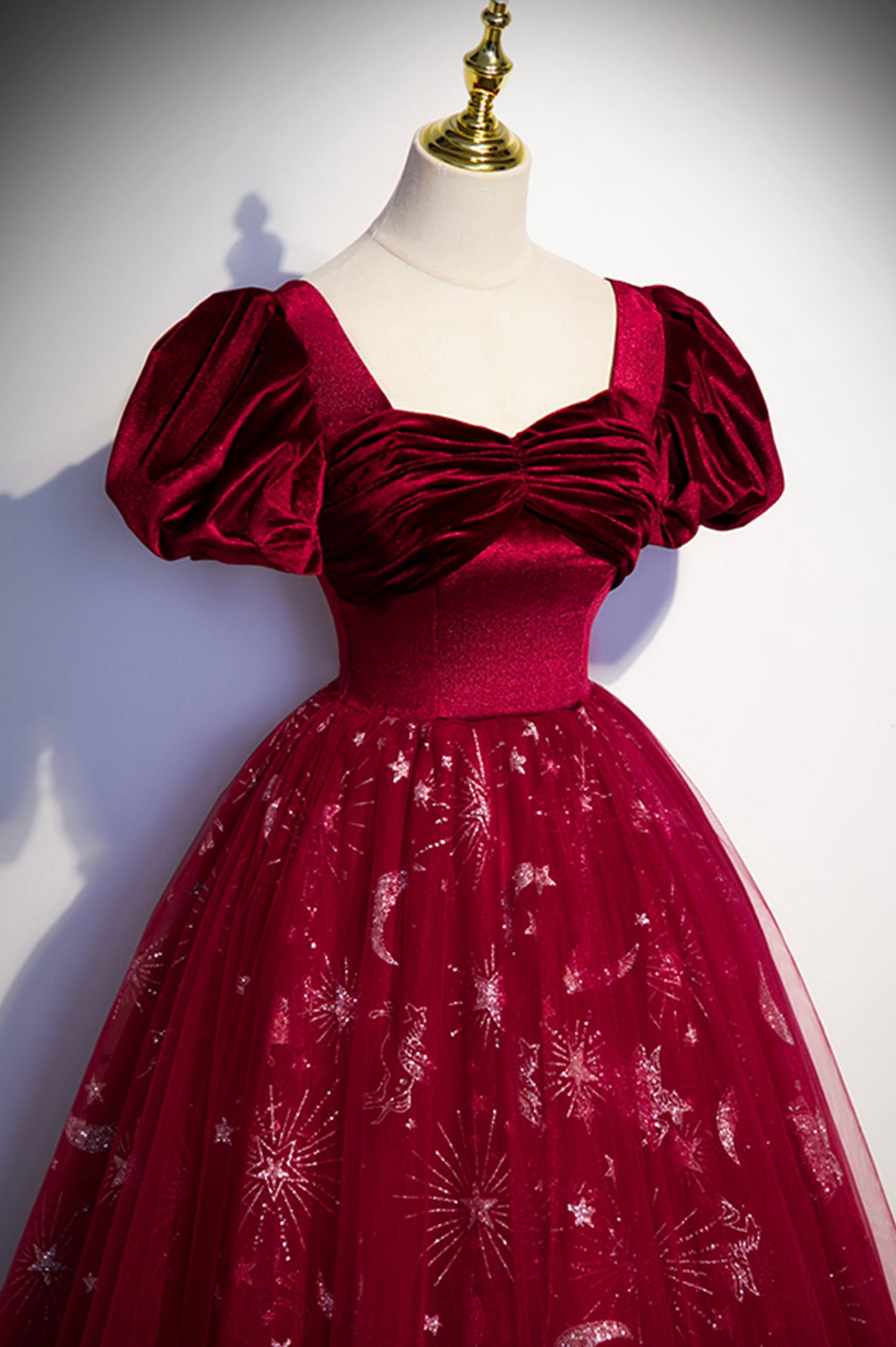 Burgundy A Line Puff Sleeve Velvet Tulle Long Prom Dress Evening Dress DP1215
