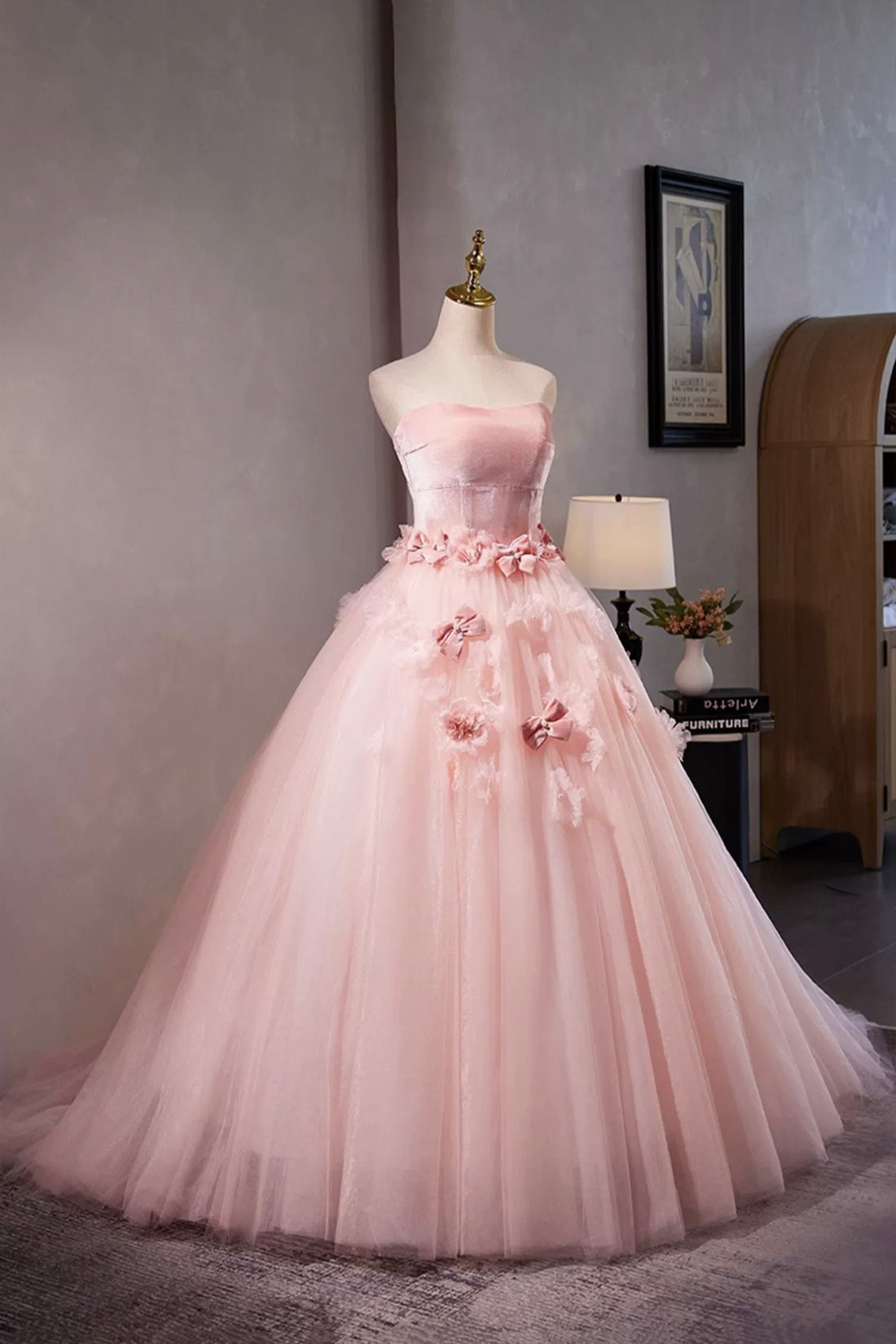 A Line Pink Velvet Tulle Prom Dress with Flowers Evening Sweet 16 Dress DP1079