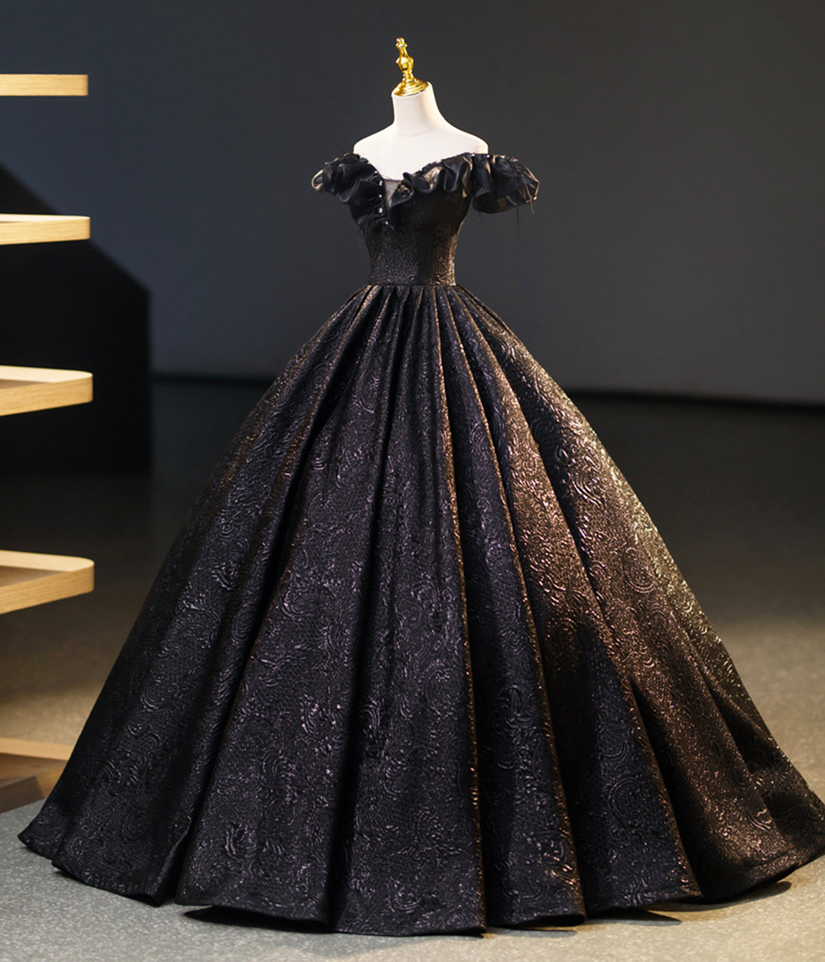 Black A Line Off-the-shoulder Satin Prom Dress Ball Gown DP948