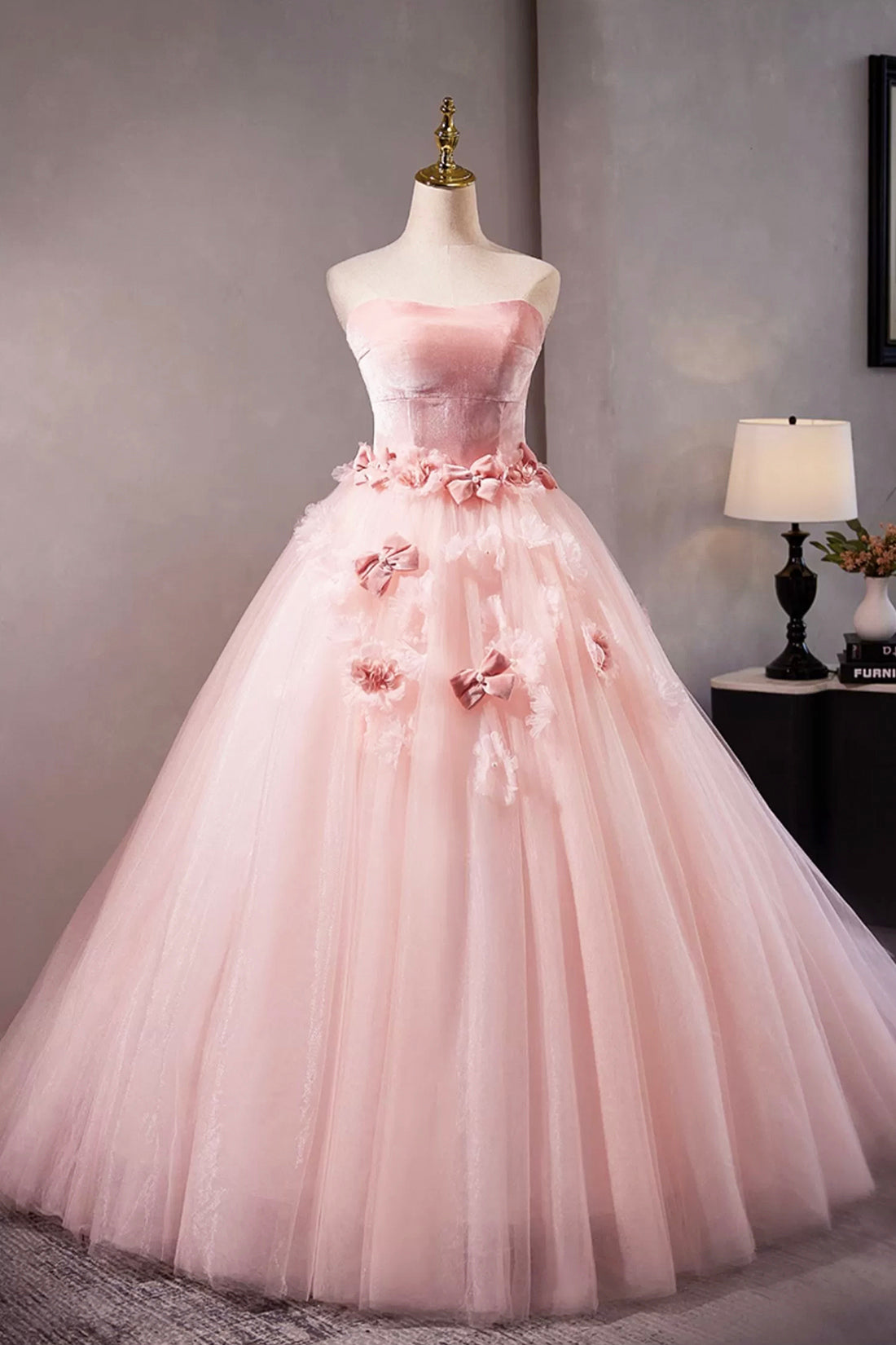 A Line Pink Velvet Tulle Prom Dress with Flowers Evening Sweet 16 Dress DP1079