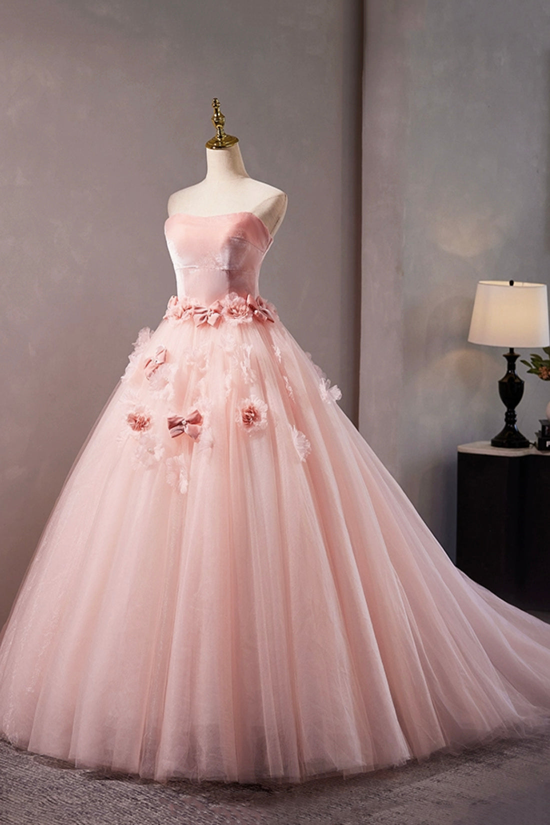 A Line Pink Velvet Tulle Prom Dress with Flowers Evening Sweet 16 Dress DP1079