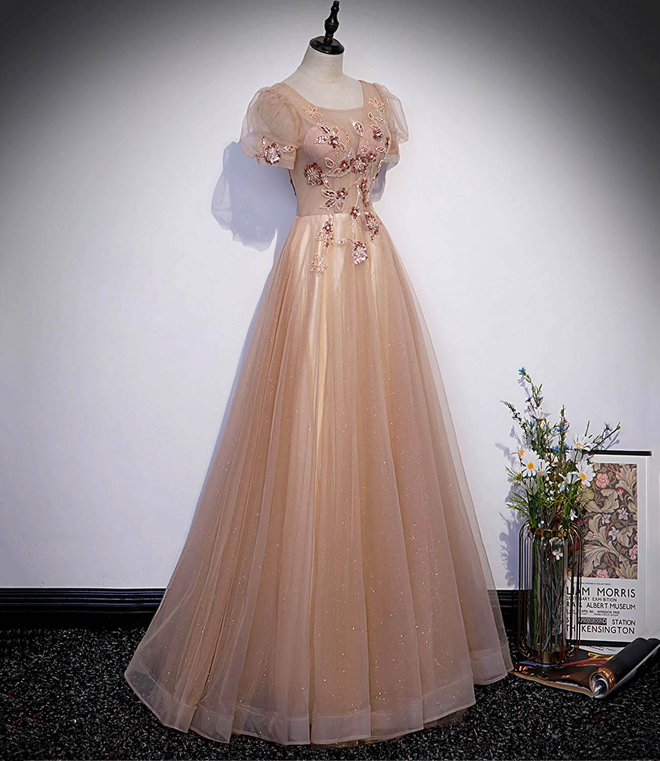 A Line Round Neck Puff Sleeve Appliques Tulle Long Prom Dress Evening Dress DP1134