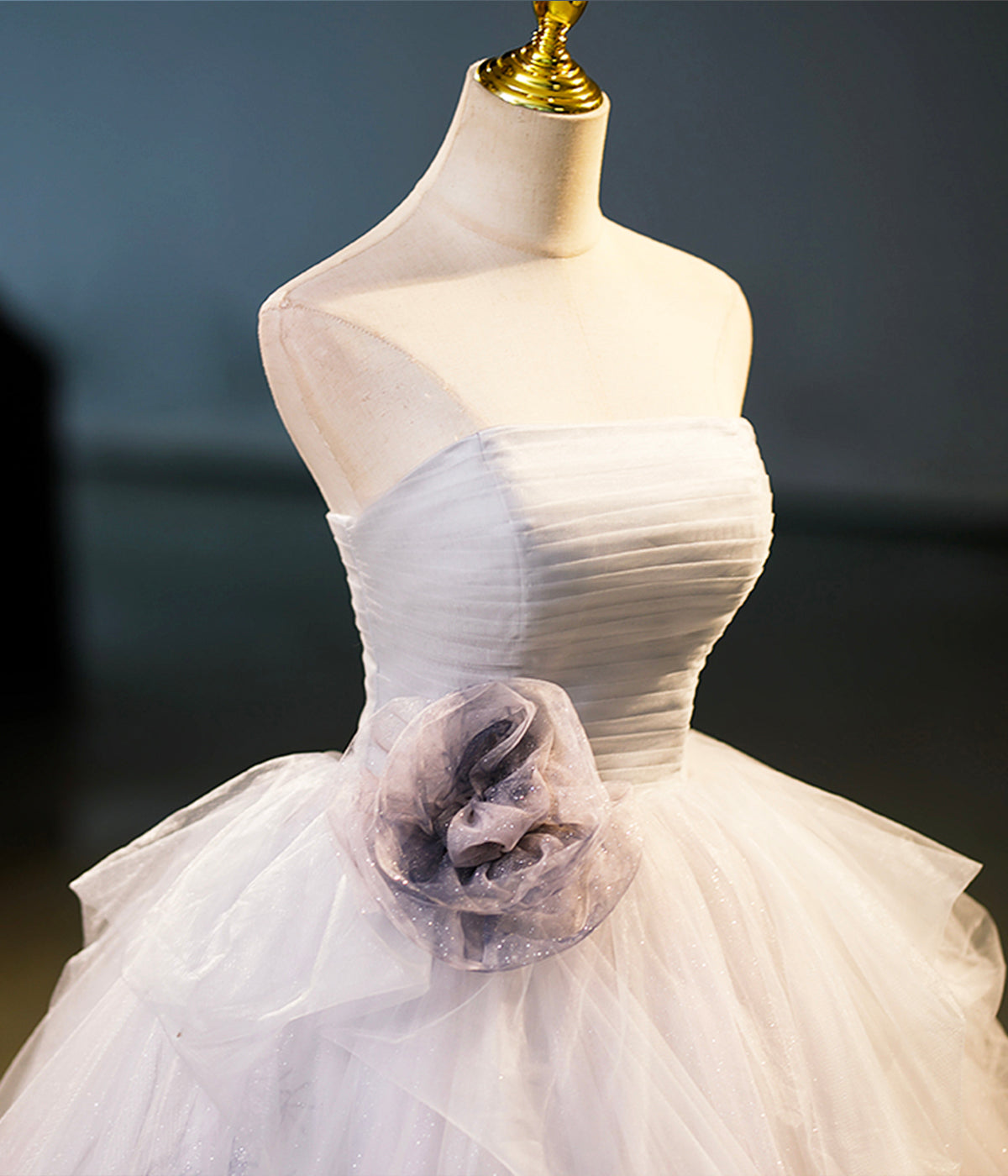 Elegant Gray Strapless Layered Tulle Long Prom Dress Ball Gown DP1199