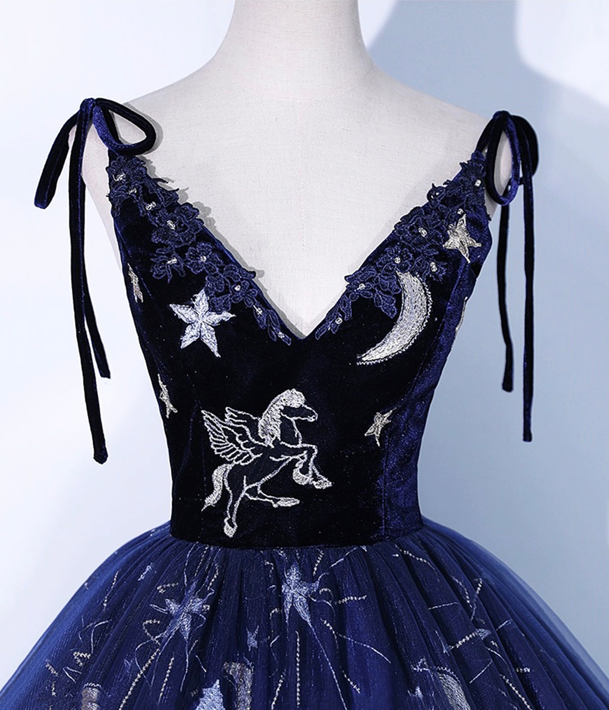 Navy Blue Spaghetti Straps Embroidery Tulle Long Prom Dress Formal Dress DP1189